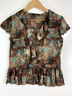 Violet & Claire Women's Small Brown Paisley Button Up Ruffle Peplum Blouse Shirt • $7.64