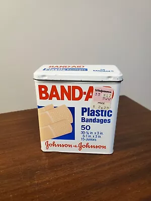 Vintage 1983 Band-Aid Metal Tin Box Hinged Lid Johnson & Johnson 50 Sheer Decor • $7