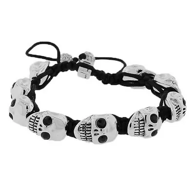 Silver Tone Black And White Crystals Alloy Scull Macrame Beaded Mens Bracelet • $19.99