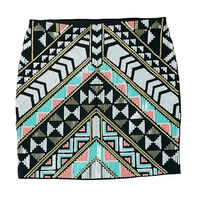 Express Womens Mini Skirt Sequin Tribal Print Geometric Aztec Pink Green Black S • $29.95