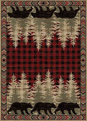 Lodge Bear Plaid Cabin Rustic Pine Red Area Rug **FREE SHIPPING** • $59.50