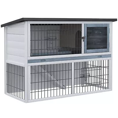 PawHut Rabbit Hutch W/ Removable Tray Openable Top For Indoors & Outdoors Grey • £83.99