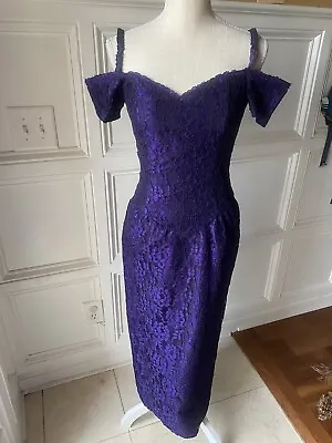 Vtg 80’s Evening Party Dress Xs Size 3/4 Purple Lace Midi Off Shoulder  • $28