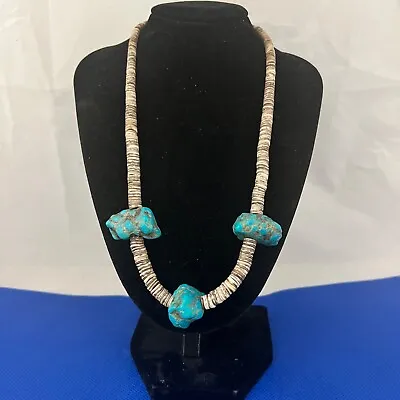 Vintage Native American Sterling Silver Chunky Turquoise Heishi Necklace • $65