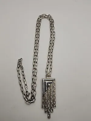Silver Tone Long VINTAGE MONET Art Deco Style Necklace Pendant FREE SHIPPING • $21.99