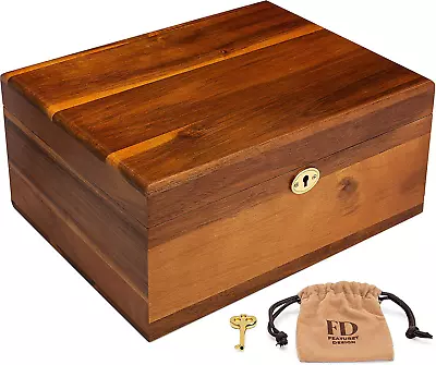 Wooden Storage Box With Hinged Lid And Locking Key - Large Premium Acacia Kee... • $65.46