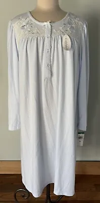 MISS ELAINE Cuddleknit Long Sleeve Nightgown  Floral Embroidered Blue NWT SZ L • $25.49