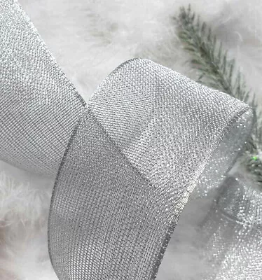 1m X 63mm WIRED CHRISTMAS RIBBON SILVER  MESH SPARKLE   TREE GIFT FLORAL BOW • £1.99