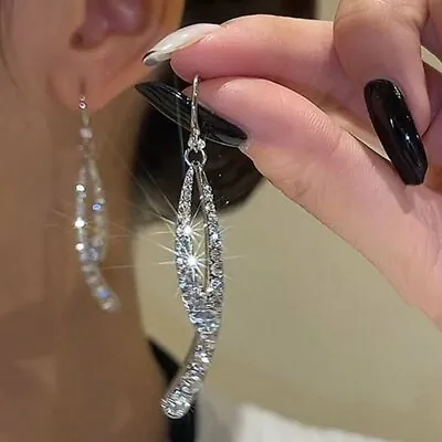 $3.18 • Buy 925 Silver Zircon Tassel Stud Earrings Dangle Drop Wedding Fashion Women Gift