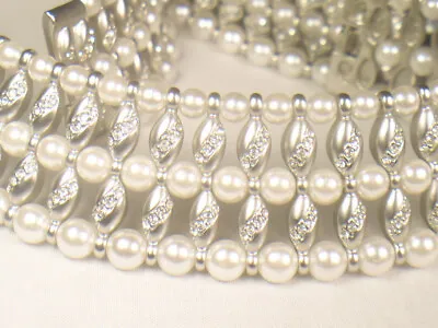*  Designer Vintage Layed Necklace Matt Silver  Faux Pearls & Crystas 1015msa#9 • $49.95