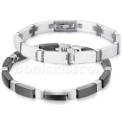 Men's Stainless Steel White/Black Ceramic Bracelet Cross Wrist Link Chain Bangle • $13.99