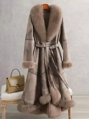 Women's Real Fur Coat Knee Length Fox Fur Collar Warm Rabbit Fur Slim Fit Jacket • $130.99
