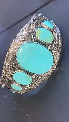 Vintage Cast Turquoise Cuff Bracelet Sterling Silver 925 Vintage 7 Inch • $195