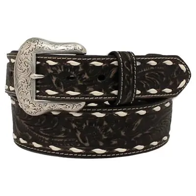 Nocona Western Mens Belt Leather Floral Embossed Laced Distressed Black • $59