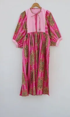 Indian Pink Tiger Printed Midi Dress Long Dress Deep Neck Women's Clothing • $77