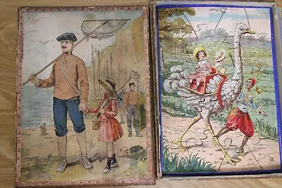 Antique Victorian Toy Childs Wood & Lithograph Jigsaw Puzzles 4 Scenes In Box • $1