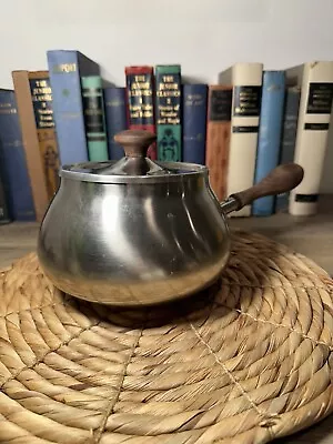 Vintage MCM Silver Fondue Pot Matching Lid Wood Handle Made In Japan 12” • $12