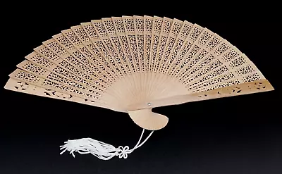 Sandalwood Folding Fan Japanese Chinese  Sensu Openwork White Tassel Vintage • $40.49