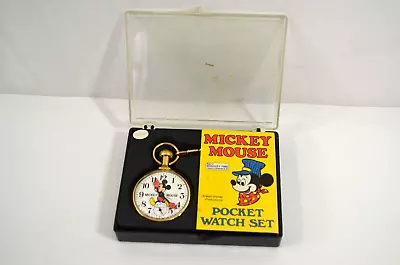 Bradley Time Walt Disney Mickey Mouse Pocket Watch Set Train Gold Tone Chain Vtg • $89.99