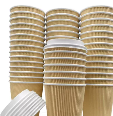 Disposable Paper Coffee Cups With Lids Insulated Ripple Cups Hot Drink Cups 12oz • £15.99