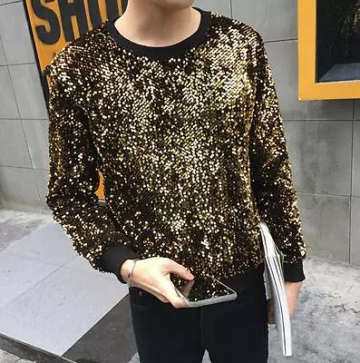 Men Loose Sequins T-shirt Sweatshirt Round Neck Long Sleeve Fashion Coat Outwear • $38.87