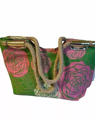 EUC Mud Pie Bag Lady Green With Pink Peony Tote • $15.50