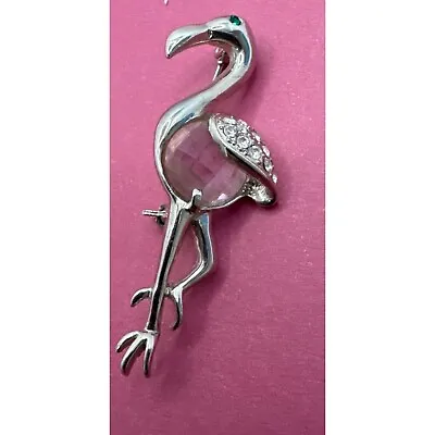 Vintage Silver Tone Flamingo Brooch Pin Rhinestone Pink Crystal Unsigned • $18