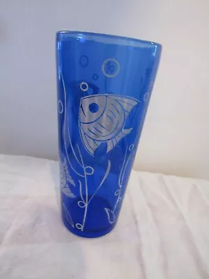 Art Glass Cobalt Blue Vase With Embossed Whit Fish 81/4  Tall • $14