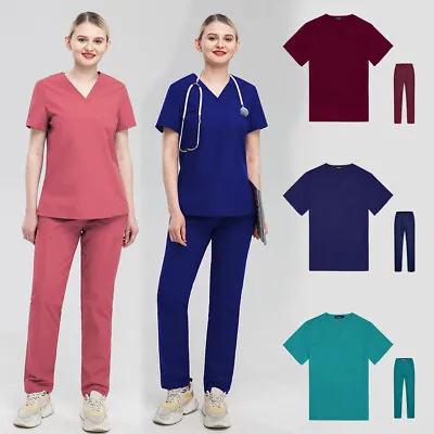 Unisex Stretch Nurse Medical Uniform Scrub Set V-Neck Tops Straight Leg Pants • $35.99