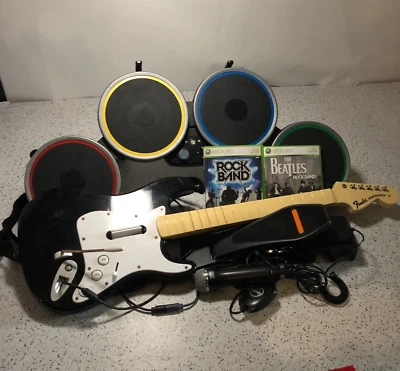 $349.99 • Buy Xbox 360 Rock Band Bundle-Drums, Guitar, Microphone, And 2 Games, Tested+Working