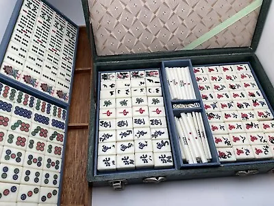 Vtg Mah Jong Set Tiles With Bamboo Back Wood Racks Portable Case COMPLETE • $99