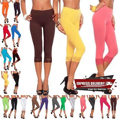 Women Cropped 3/4 Length Lace Trim Sports Ladies Jogger Jogging Gymming Leggings • £2.99