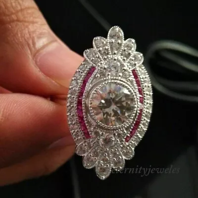 2CT Round Cut Lab-Created Diamond Pink Vintage Art Deco Ring 14K White Gold Over • $147.34
