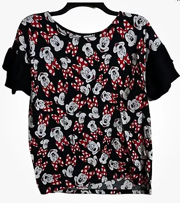 Disney Parks Minnie Mouse All Over Face Print Ruffled Sleeve Shirt Top Size L • $7.50