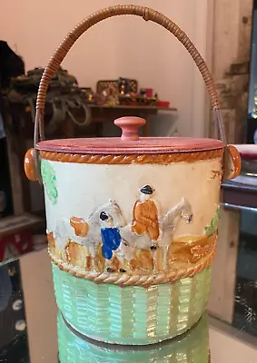 Vintage Biscuit Jar Cookie Jar  With Rattan Handle Made In Japan Hand Painted • $18.36