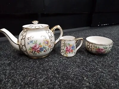 3 Piece Sadler Gold Floral Teapot Milk Jug & Sugar Bowl Set • £11