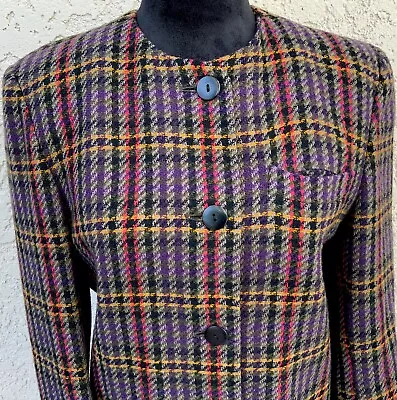 Vintage Jaeger 100% Wool Size 8 Collarless Pockets Plaid Tartan Britain Jacket • $38.99