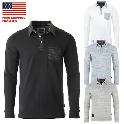ZIMEGO Mens Long Sleeve Vintage Color Contrast Placket Pocket Polo Shirts • $22.05