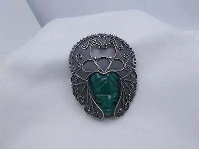 Sterling Silver & Jade Mayan Face & Headdress Brooch Ornate Aztec Headdress Pin • $109