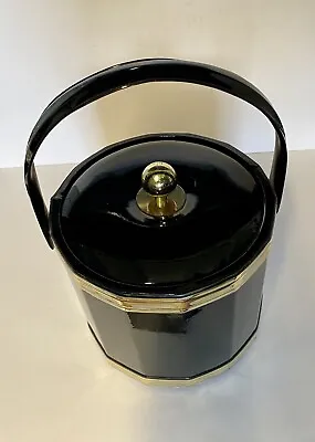 $23.50 • Buy Vintage Black & Gold Georges Briard Vinyl Ice Bucket With Handle White Interior