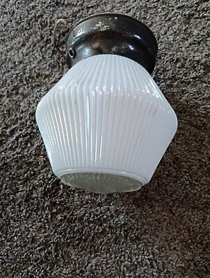 Vintage Mid Century / ART DECO Ceiling Light Fixture White Frost + Clear Shade  • $38