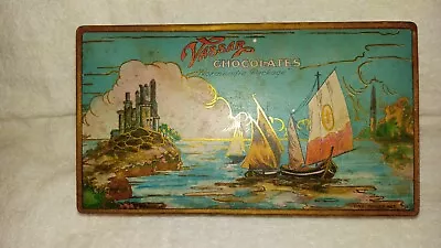 VASSAR CHOCOLATES Vtg TRINKET BOX TIN NORMANDIE PACKAGE SHIPS CASTLE LIGHTHOUSE • $22