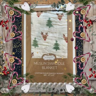 NIP Mud Pie Muslin Christmas Swaddle Blanket Reindeer Unisex FREE SHIP OF • $19.50