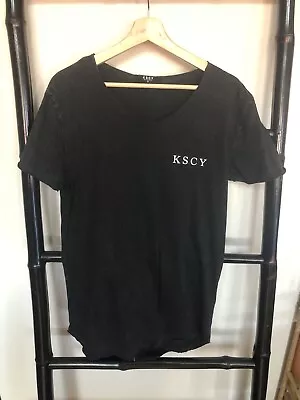 KSCY Size S Tshirt Curved Hem EUC Cross Dark Grey Marle Raw Neckline • $9.50