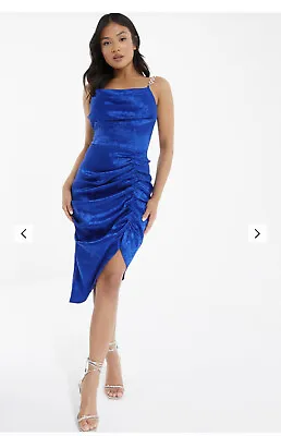 £19.99 • Buy Petite Royal Blue Satin Jacquard Floral Ruched Dress Size 10 From Quiz New