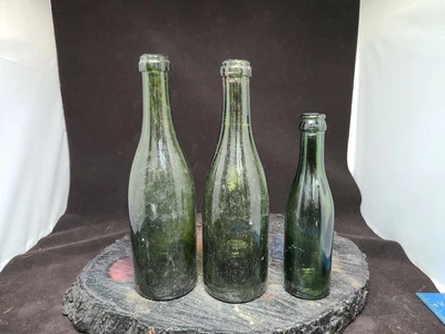 $35 • Buy Antique Green Glass Bottle Lot Two 10  One 7.5  Turn Mold Push Up Base
