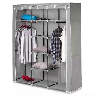 Canvas Wardrobe Cupboard Storage Large Clothes Hanging Rail And Shelves Grey • £25.99