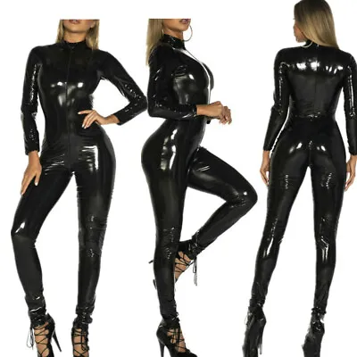 Womens PVC Leather Wetlook Long Sleeve Zipper Bodycon Jumpsuit Catsuit Bodysuit • $21.99