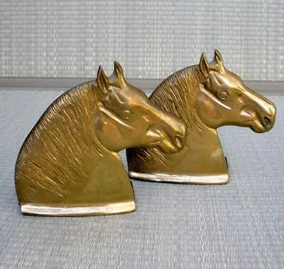 Vintage Brass Metal PERCHERON 2 Horse Head Bookends Set Virginia Metalcrafters • $30