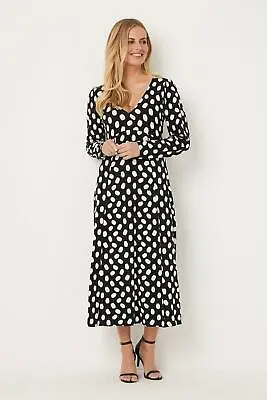 Wallis Petite Mono Polka Dot Split Hem Jersey Midi Dress • £12.99